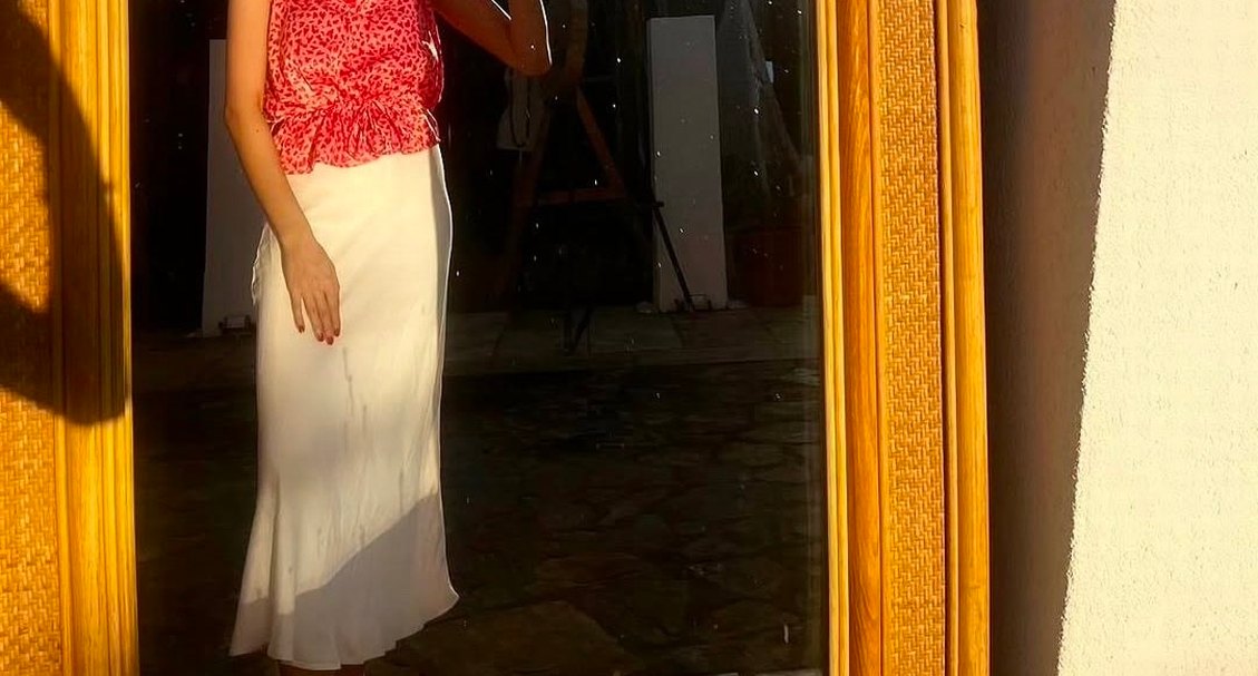 Beyaz Keten Midi Drapeli Kadın Etek - Görsel 2