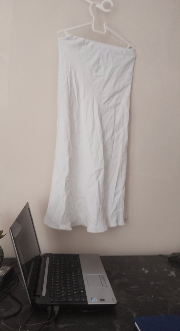 Beyaz Keten Midi Drapeli Kadın Etek - Görsel 3