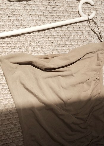 Bej Drapeli Uzun Keten Straplez Elbise - Görsel 5