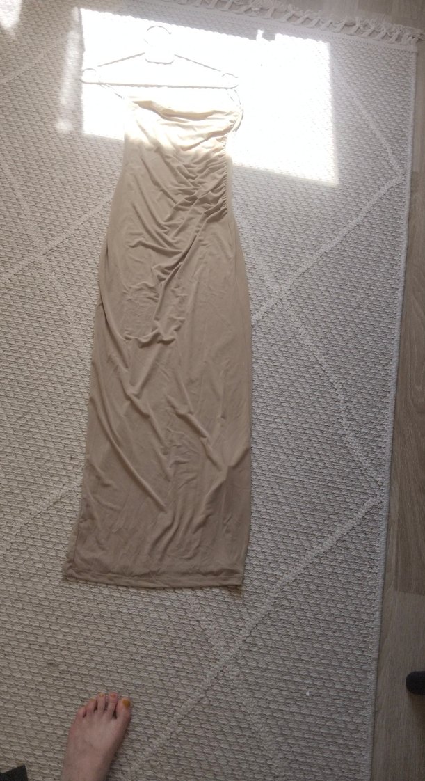 Bej Drapeli Uzun Keten Straplez Elbise - Görsel 4