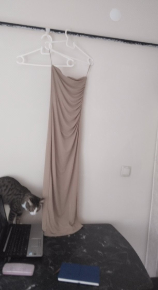 Bej Drapeli Uzun Keten Straplez Elbise - Görsel 3