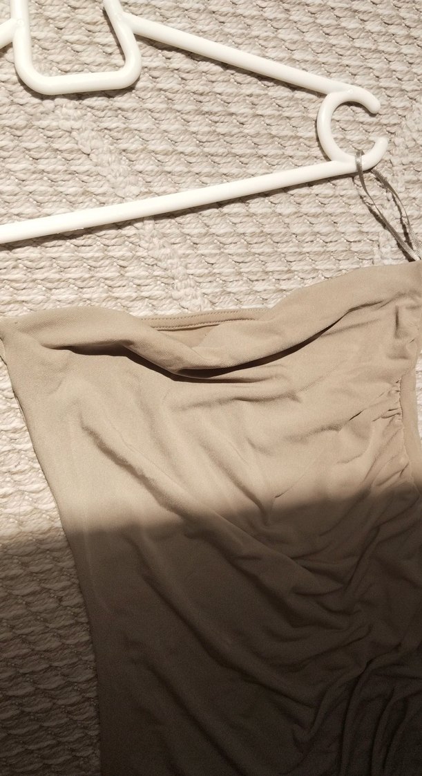 Bej Drapeli Uzun Keten Straplez Elbise - Görsel 5