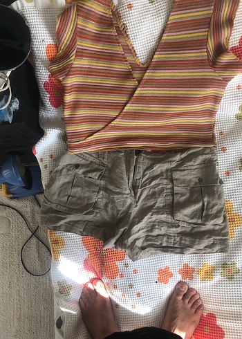 38 Beden Kahverengi Keten Kemerli Mini Şort