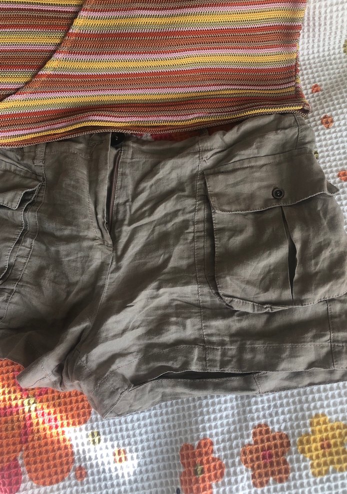 Kahverengi Keten Kemerli Mini Şort - Görsel 5