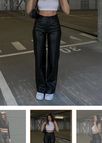 Deri Siyah Kadın Düz Paça Kemerli Pantolon - Görsel 2