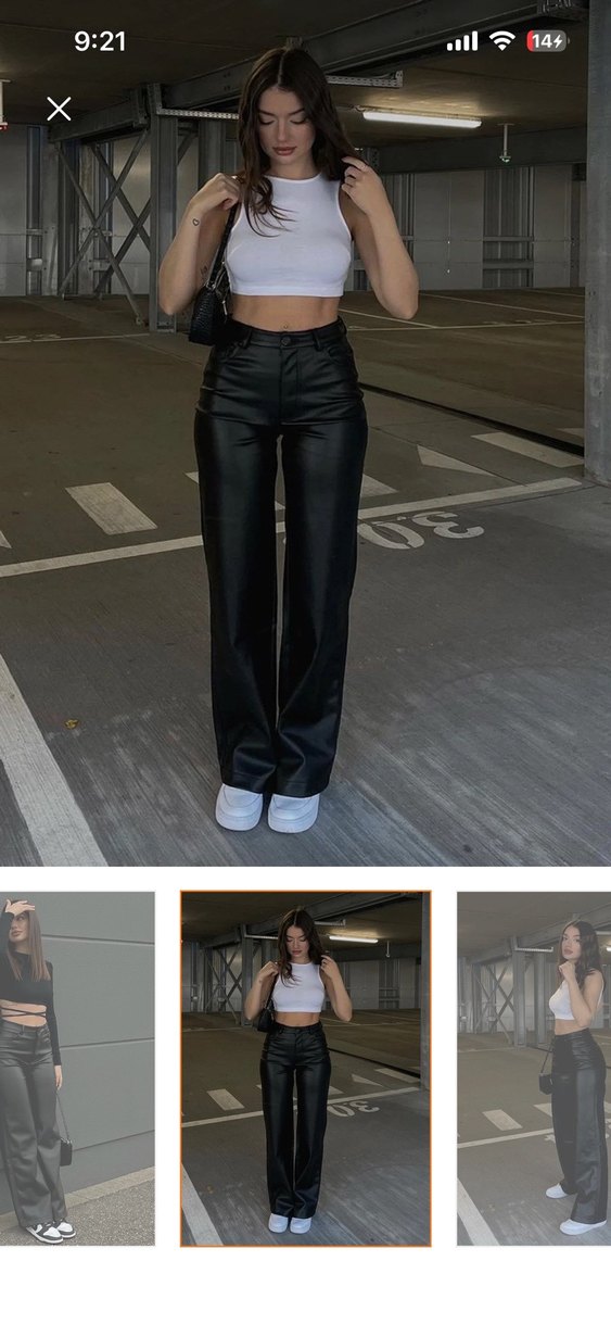 Deri Siyah Kadın Düz Paça Kemerli Pantolon - Görsel 2