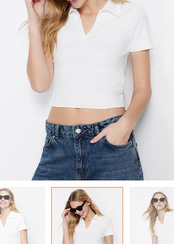 Beyaz V Yaka Crop Tişört - Görsel 2