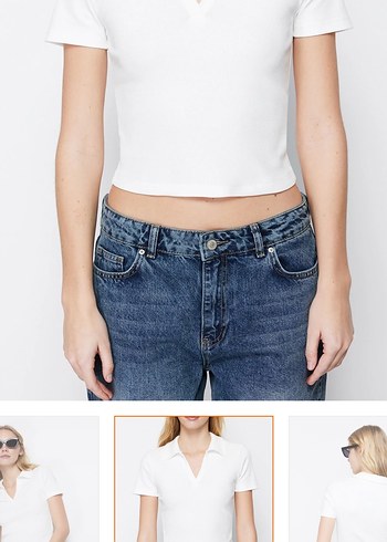 Beyaz V Yaka Crop Tişört - Görsel 3