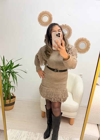 Bej Etnik Desenli Bohem Kısa Triko Elbise - Görsel 4