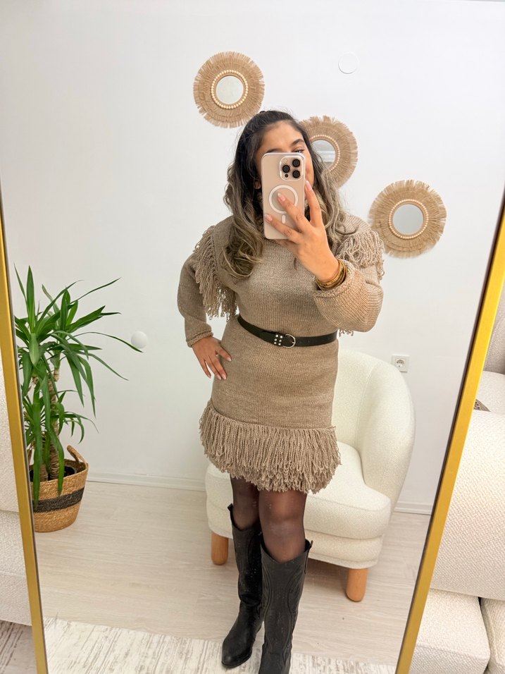 Bej Etnik Desenli Bohem Kısa Triko Elbise - Görsel 4