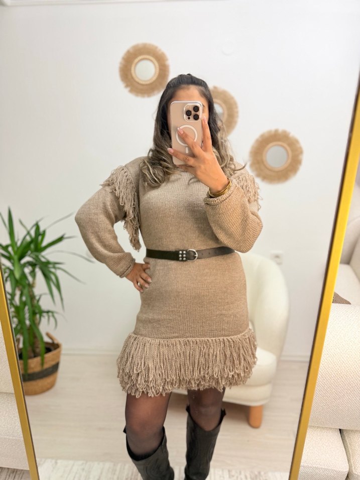 Bej Etnik Desenli Bohem Kısa Triko Elbise - Görsel 2