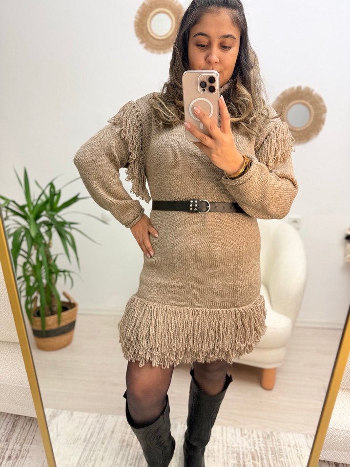 Bej Etnik Desenli Bohem Kısa Triko Elbise - Görsel 3