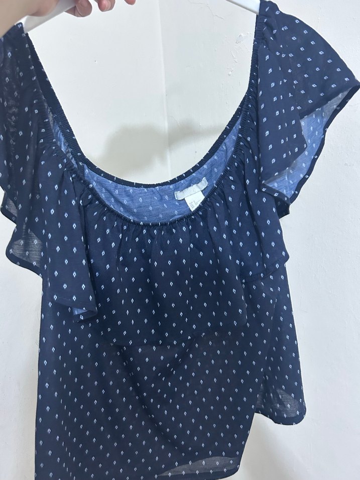 Mavi Puantiyeli Fırfırlı Kısa Kot Bluz - Görsel 2