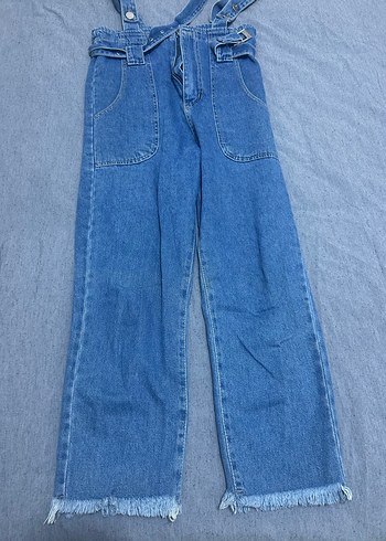 Kızlar için Gri Kemerli Denim Tulum - Görsel 4