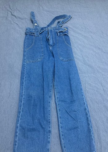 Kızlar için Gri Kemerli Denim Tulum - Görsel 3