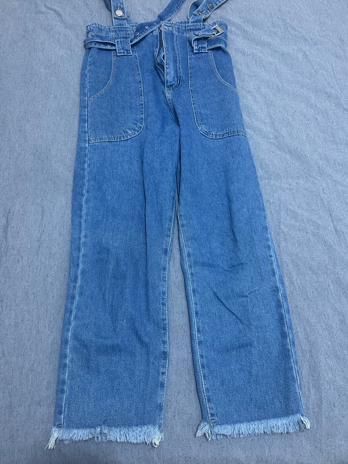 Kızlar için Gri Kemerli Denim Tulum - Görsel 4