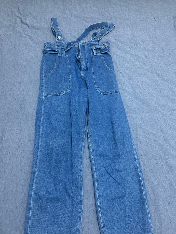 Kızlar için Gri Kemerli Denim Tulum - Görsel 3