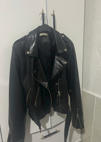 Kadın Siyah Deri Biker Ceket - Görsel 2