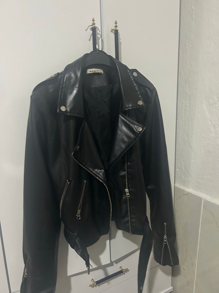 Kadın Siyah Deri Biker Ceket - Görsel 2