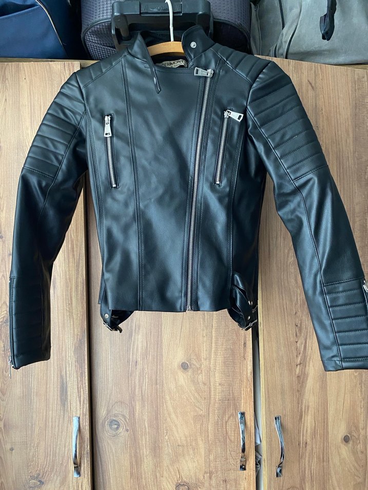 Kadın Siyah Kısa Deri Biker Ceket - Görsel 3