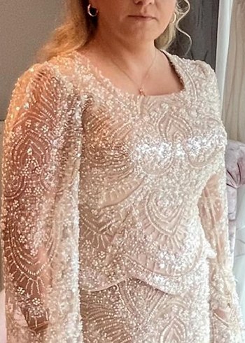 Bej Uzun Kollu V Yaka Drape Abiye - Görsel 2