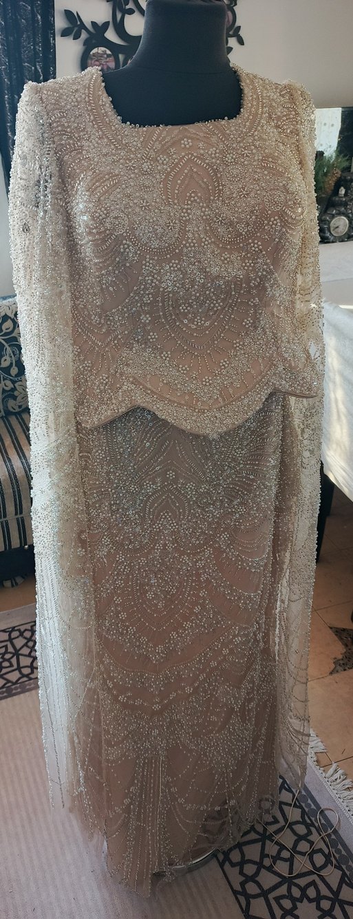 Bej Uzun Kollu V Yaka Drape Abiye - Görsel 3