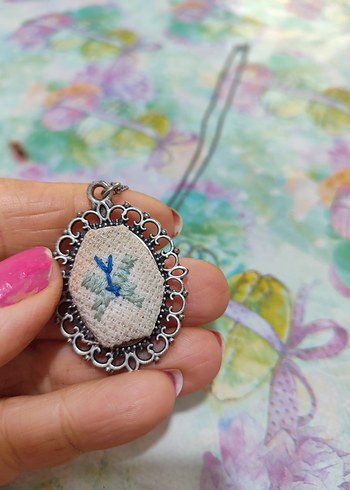 Turkuaz Nakışlı Dantel Bohem Kolye - Görsel 2