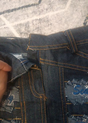 Diğer Düğmeli Nakışlı Koyu Mavi Mini Kot Etek