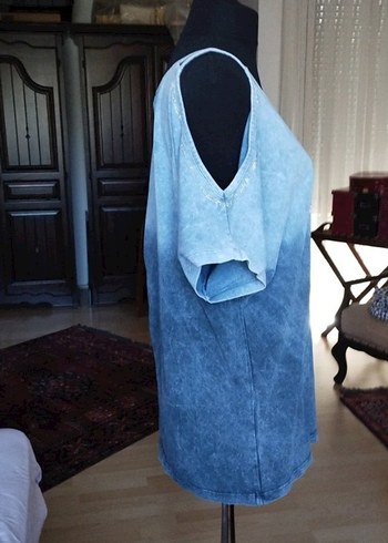 l Beden mavi Renk Mavi Baskılı Kısa Kollu Denim Tişört