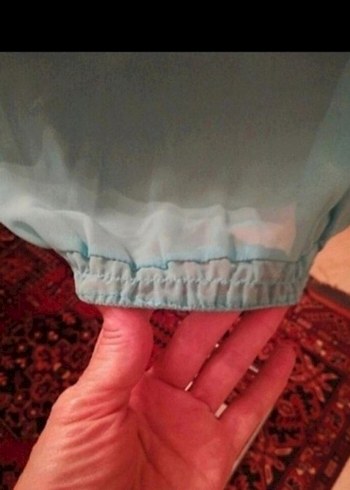 Turkuaz Mini Kadın Bluz, Fırfırlı, Kısa Kollu - Görsel 4