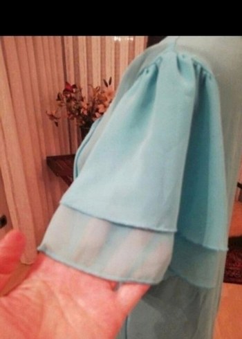 Turkuaz Mini Kadın Bluz, Fırfırlı, Kısa Kollu - Görsel 6