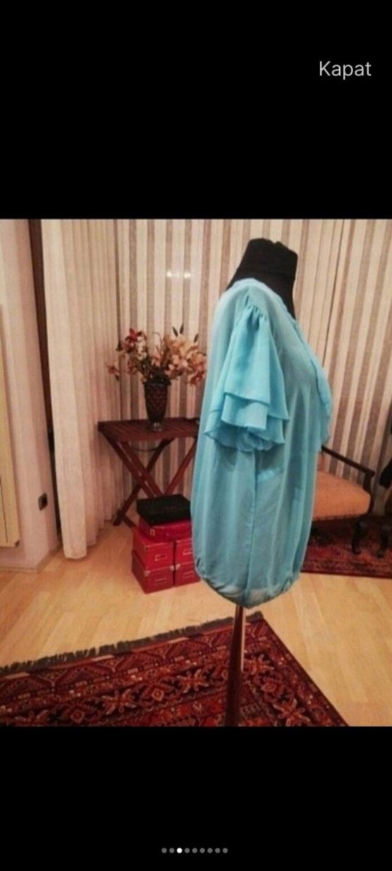 Turkuaz Mini Kadın Bluz, Fırfırlı, Kısa Kollu - Görsel 3