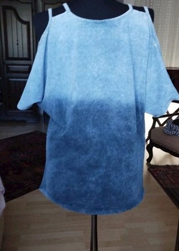 Gri Baskılı Kısa Kollu Denim Tişört - Görsel 5