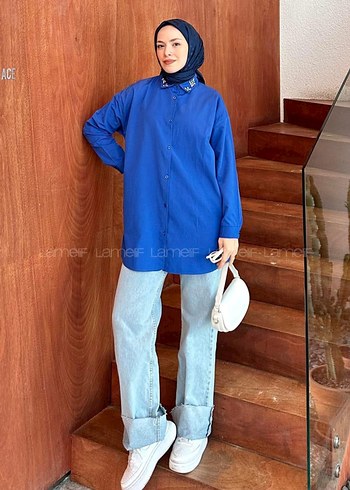 Diğer Mavi İnci Taşlı Pamuklu Uzun Kollu Salaş Gömlek (oversize)