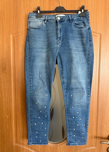 30 Beden Koton paça detaylı Mavi Kadın Denim Pantolon