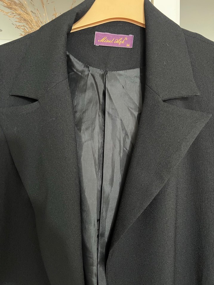 Uzun Siyah Kadın Ofis ceket - Görsel 2