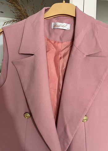 Pembe Düğmeli Uzun Kolsuz Kadın Klasik Yelek - Görsel 3