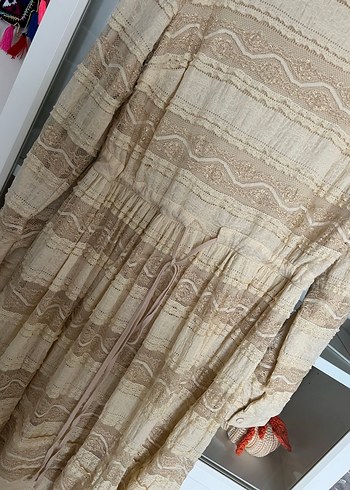 Bej Dantel Detaylı Bohem Uzun Elbise - Görsel 3