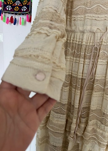 Bej Dantel Detaylı Bohem Uzun Elbise - Görsel 5