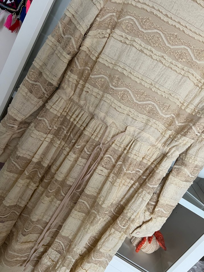 Bej Dantel Detaylı Bohem Uzun Elbise - Görsel 3