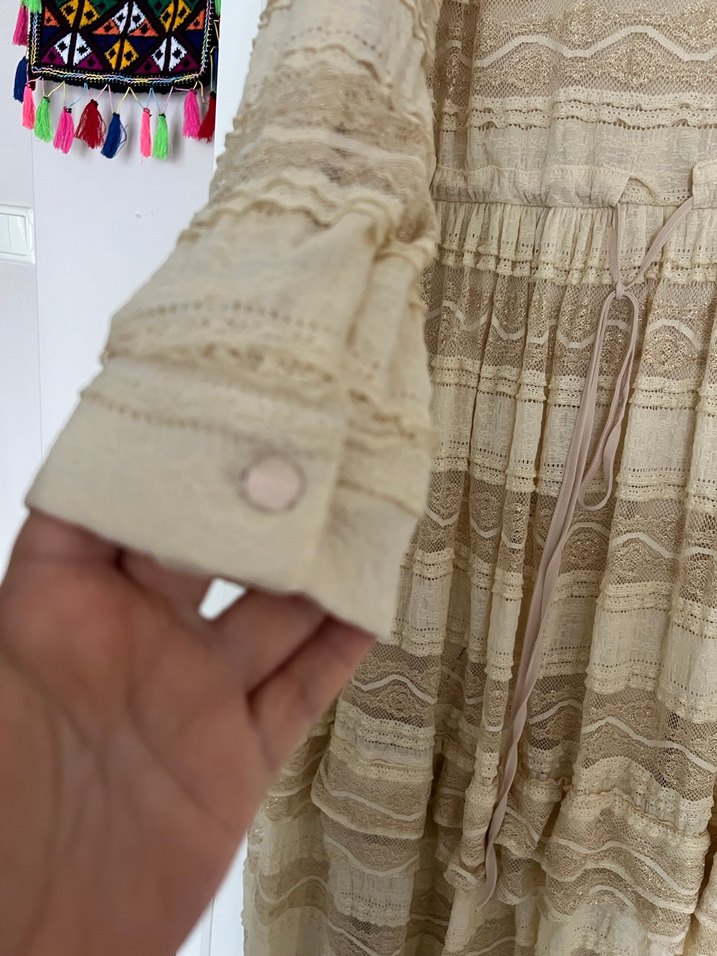 Bej Dantel Detaylı Bohem Uzun Elbise - Görsel 5