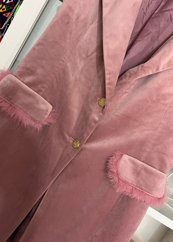 Pembe kadife Kadın Uzun Yelek - Görsel 2