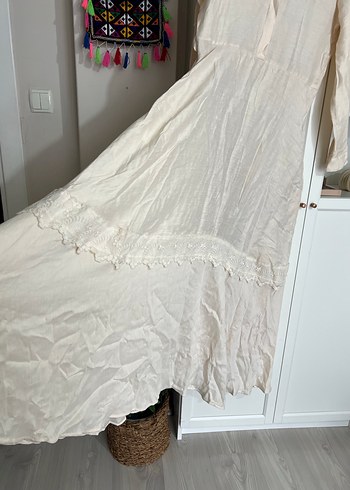 Bej Uzun Keten Kadın Elbise - Görsel 5