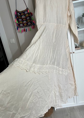 Bej Uzun Keten Kadın Elbise - Görsel 3