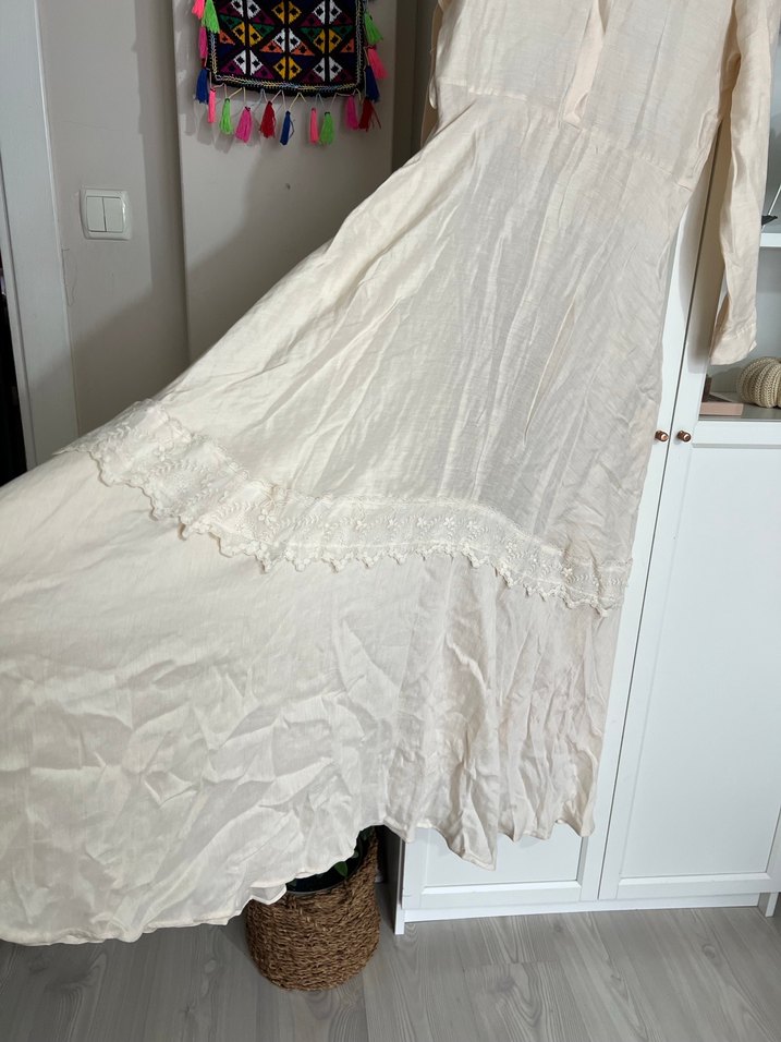 Bej Uzun Keten Kadın Elbise - Görsel 5