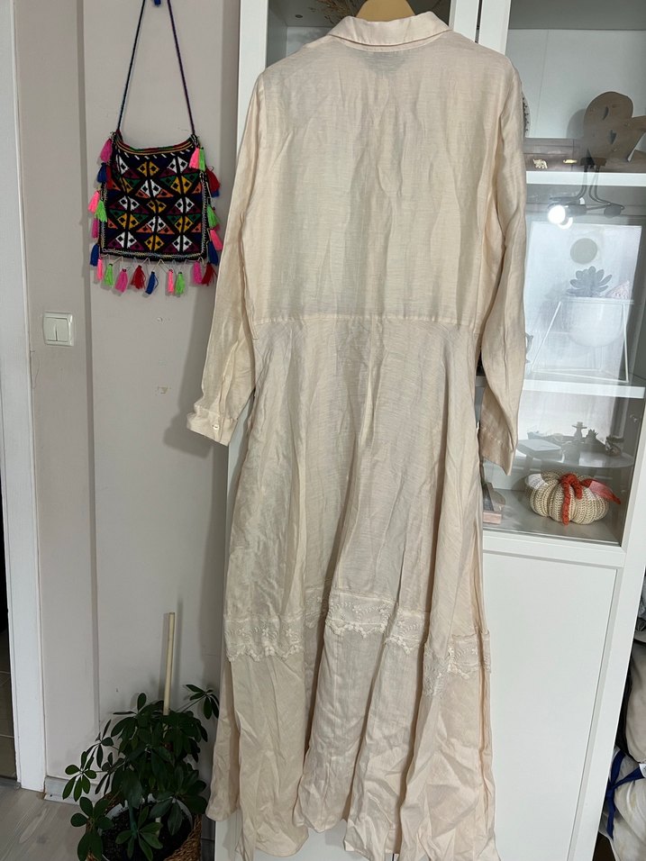 Bej Uzun Keten Kadın Elbise - Görsel 2