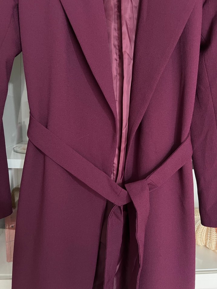 Mor Kadın Kemerli Uzun Klasik Kaban - Görsel 2