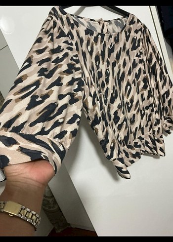 m Beden kahverengi Renk Leopar Desenli Uzun Kollu Kadın Bluz