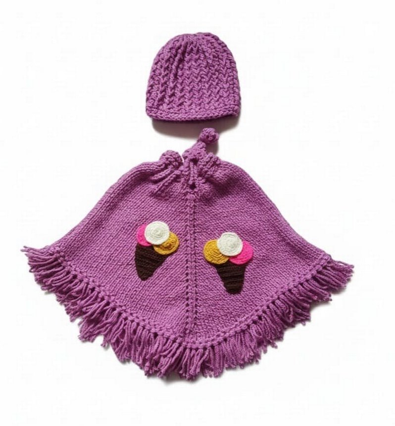 Mor Nakışlı Örgü Kız Panço ve bere - Görsel 2