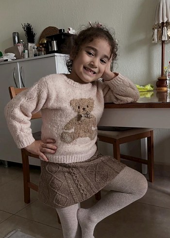 Kız Çocuk Pembe Nakışlı Triko Kazak - Görsel 2